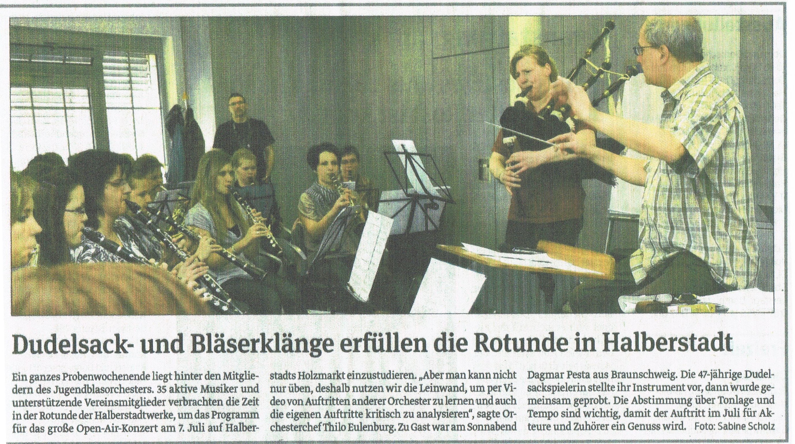 Bagpiper Dagmar Pesta practices with the Youth Brass Orchestra Halberstadt